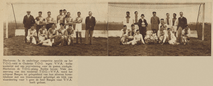 874428 Collage van 2 foto's betreffende de voetbalwedstrijd in de onderlinge competitie in de gemeente Oudenrijn, ...